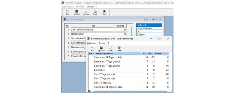 Bewertungskriterien Zeit- und Terminübersicht: Punkte für Pünktlichkeit und Lieferanten-Bewertung
