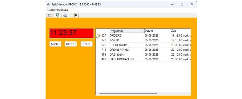 PROPAS Taskmanager zeigt Aufträge und Zeiten in denen die Aufträge versandt werden an
