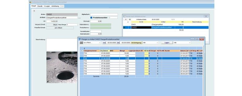 Oberfläche mit einem Fenster über die Serien und Chargen eines Artikels. Im Hintergrund sind weitere Daten zum Artikel zu sehen.
