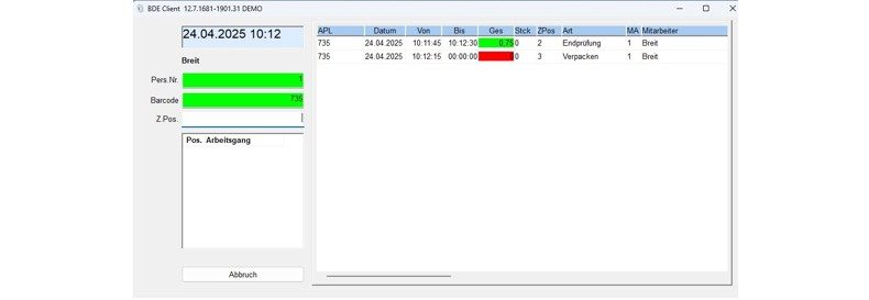 Maske mit Daten zur Betriebsdatenerfassung.