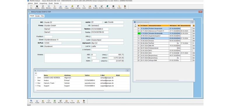 Software-Benutzeroberfläche mit Kundendaten, wie Adresse, Ansprechpartner und Termine