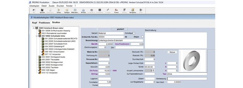 Modellarbeitsplan mit einer Stückliste und einer Abbildung einer Unterlegscheibe als zu verwendendes Teil